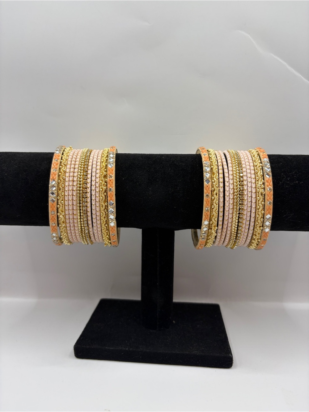 Kundan Desi Y2K Elegant Pink and Peach Multi-Stack Women's Bangle  Both Hands